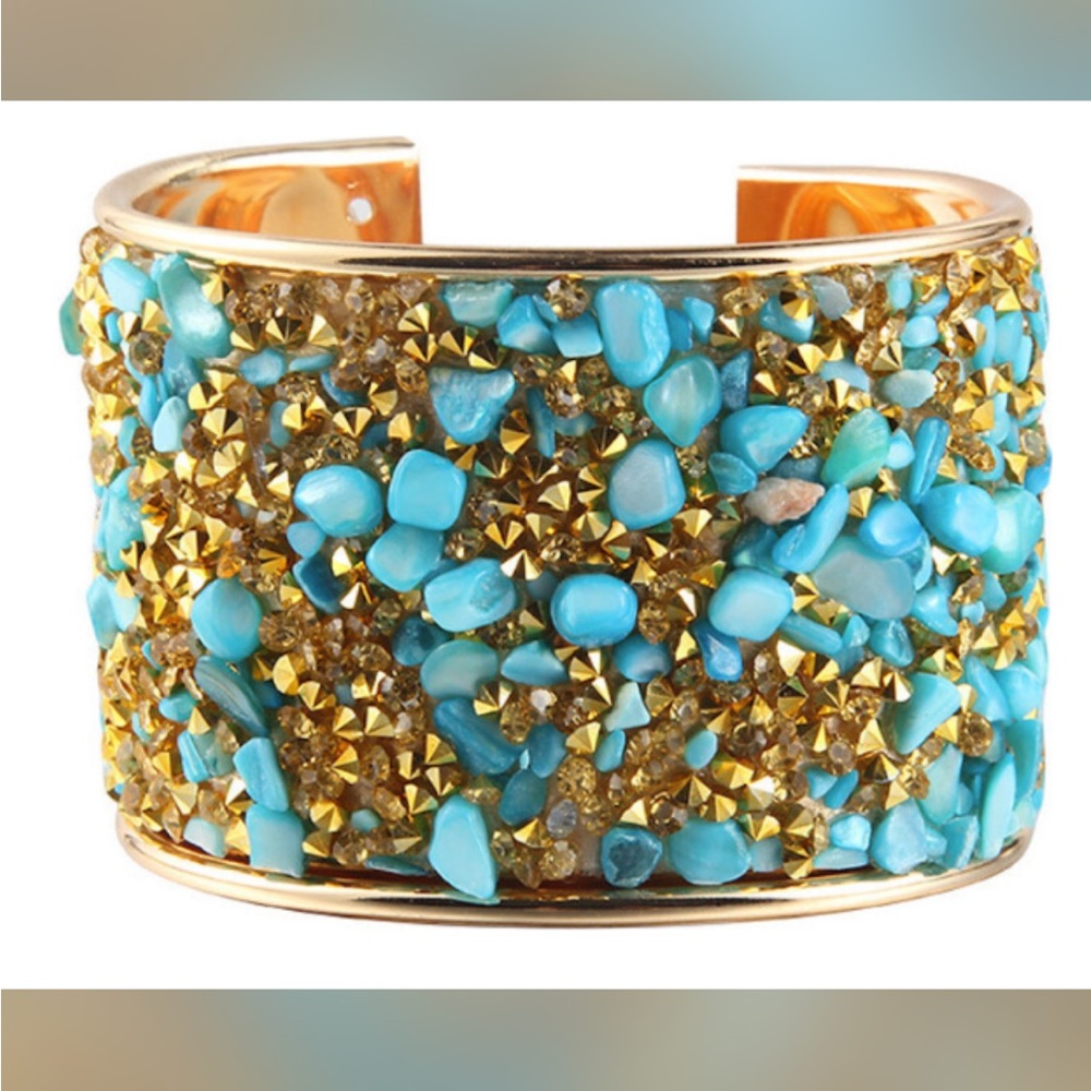 New! Liv Oliver Gold Plated and Turquoise Stone Cuff Bracelet